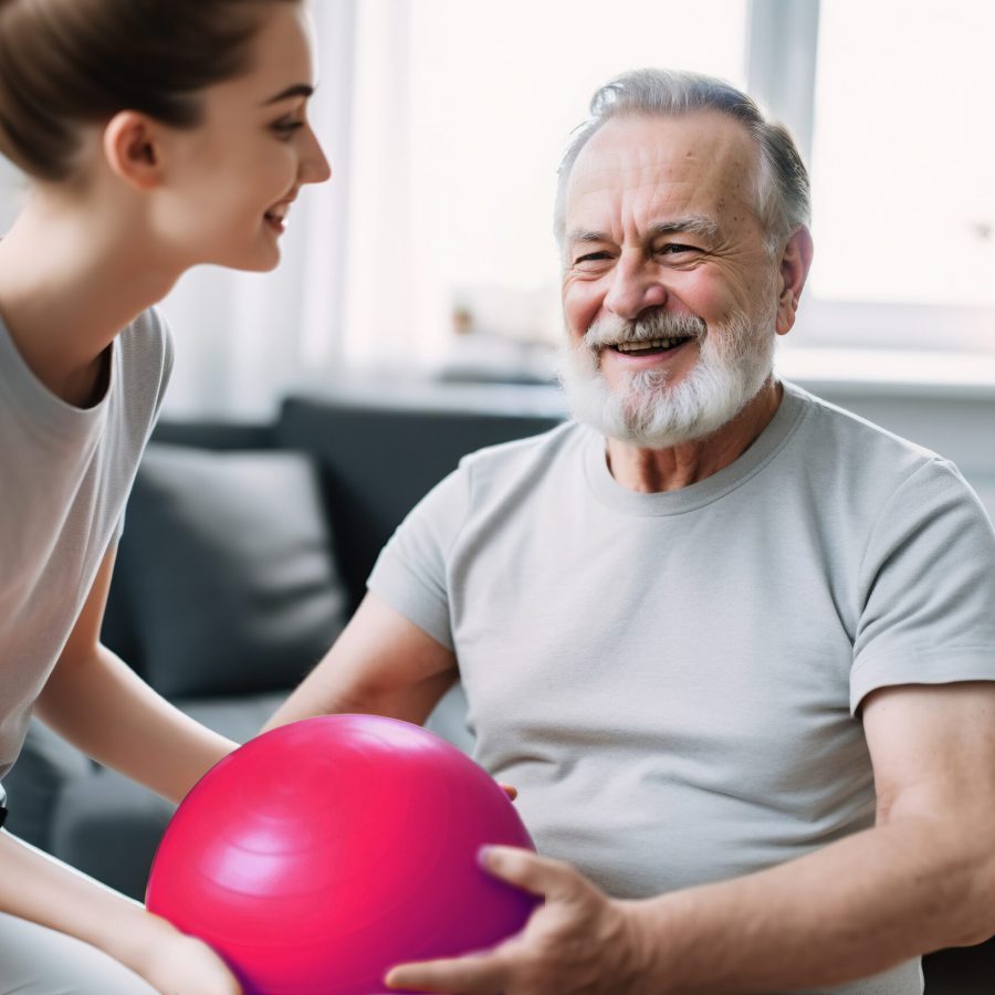 A woman holding an exercise ball next to an older man